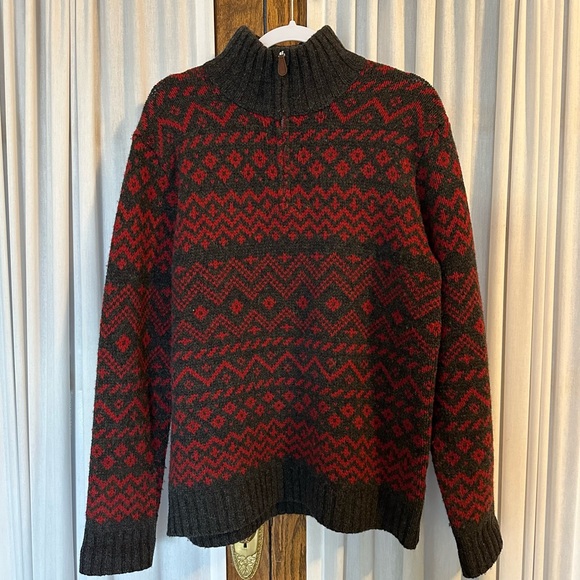 J. Crew Gray Red Fair Isle Lambswool 1/4 Zip Pullover Sweater - Picture 4 of 14